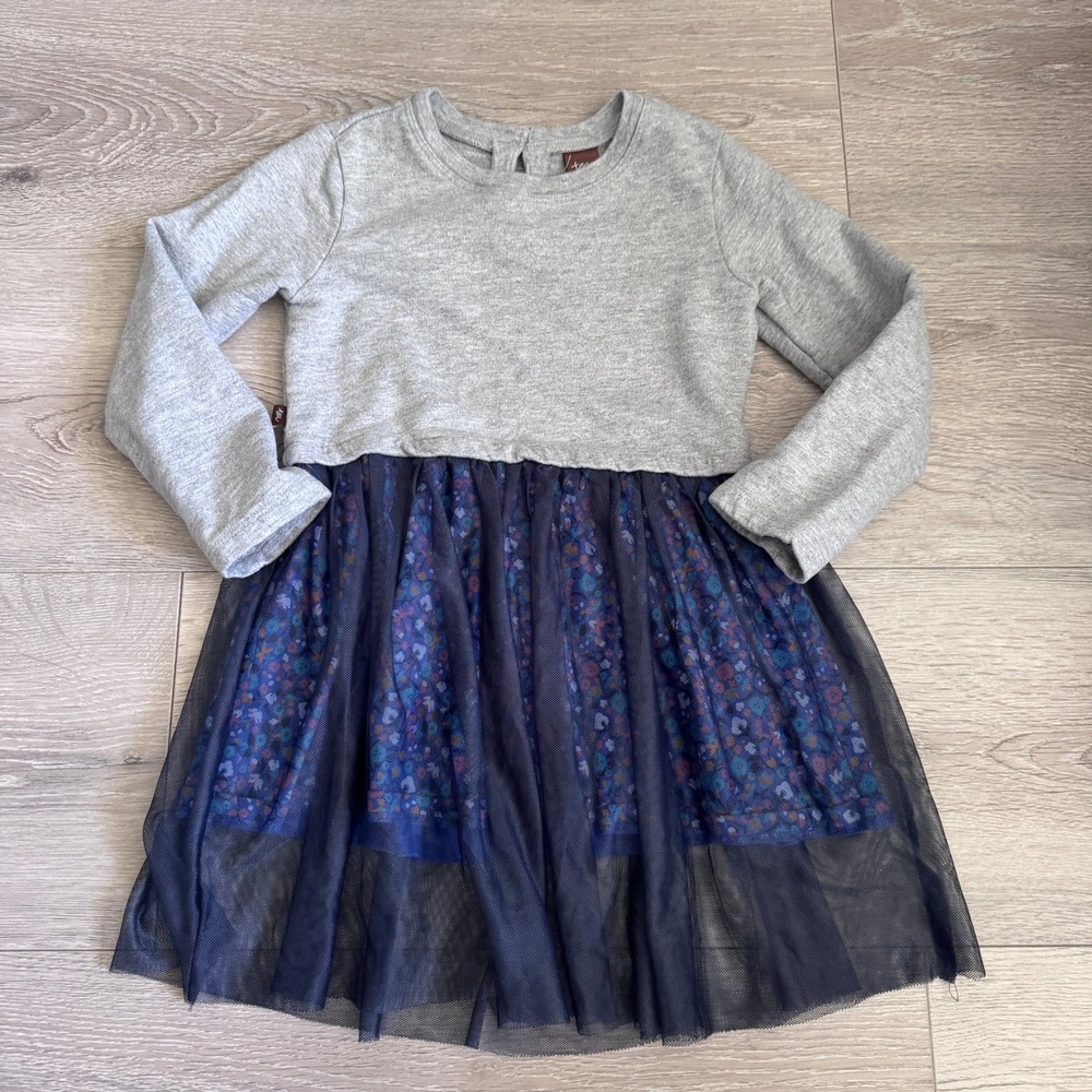 Tea Collection‎ Girls Gray Navy Floral Tulle Mixed Media Dress Size 3T